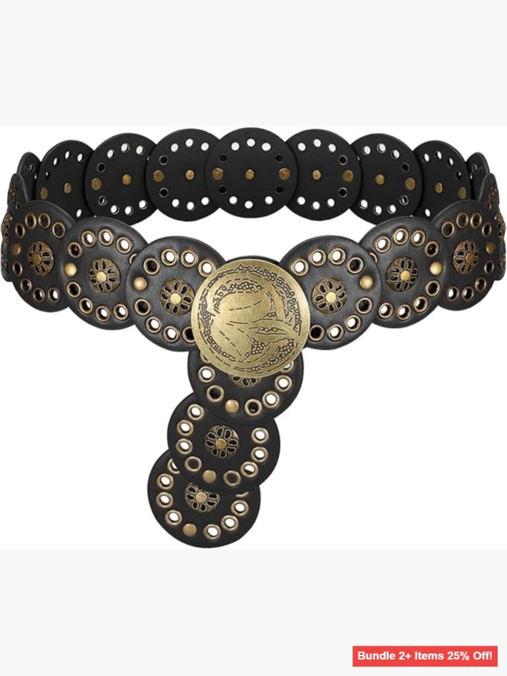 Vintage Western Disc Belt, Adjustable Faux Leather, 3-Inch Wide Waist Belt